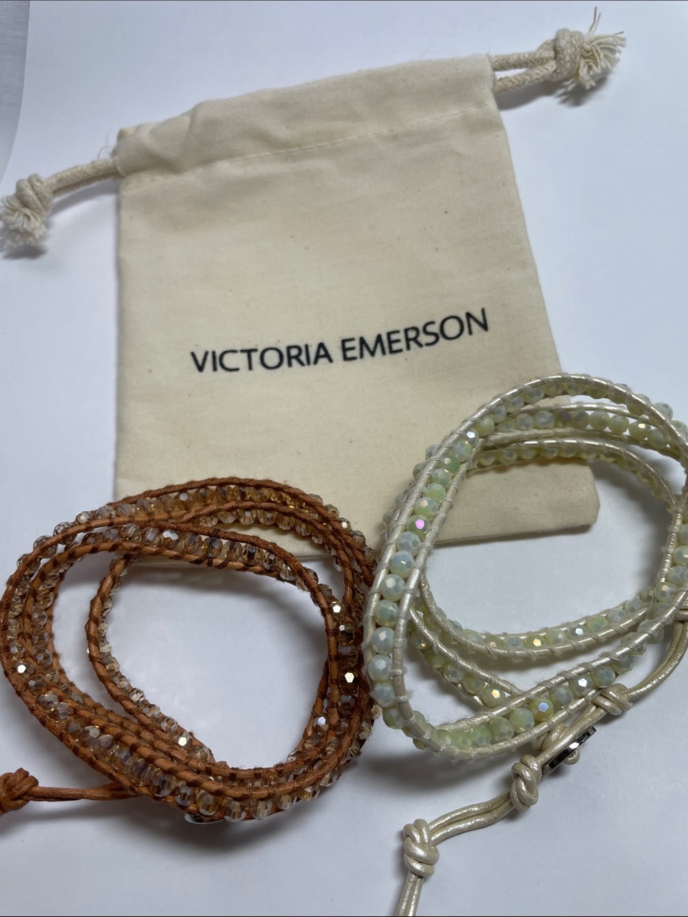 Victoria Emerson Brown and Cream Beaded Wrap Bracelet Duo